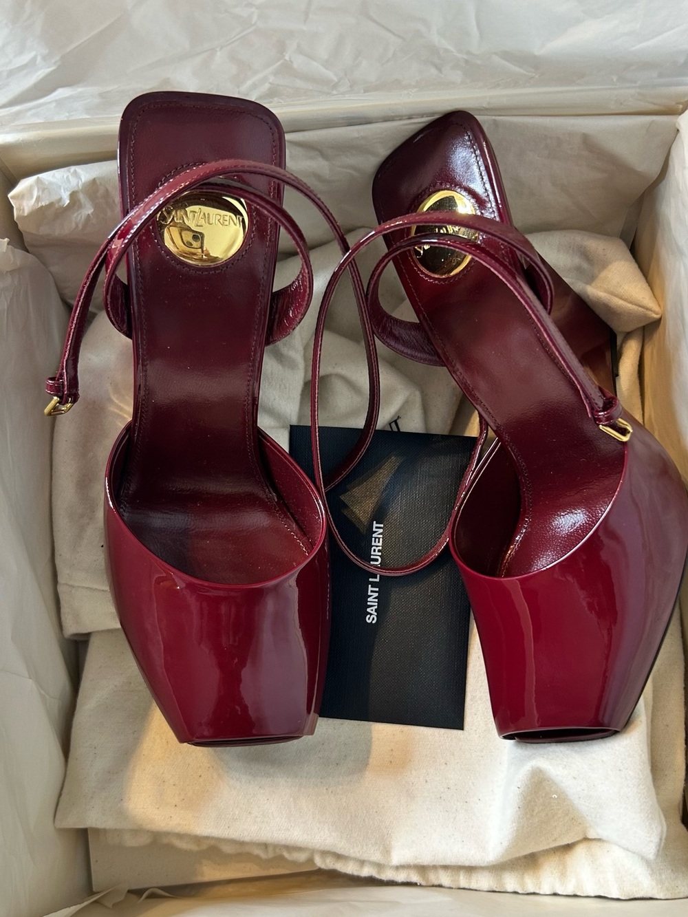 Saint Laurent Burgundy Patent Square-Toe Ankle-Strap Heels Size 39